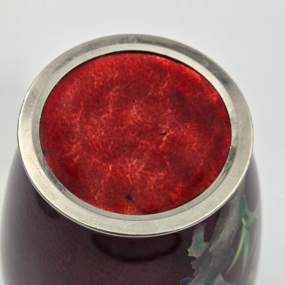 Vintage Japanese Ginbari Cloisonné Vase 1950s Cherry Blossom Pigeon Blood Red - Picture 6 of 6